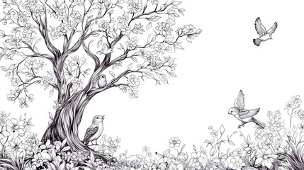 Birds singing perched on flowering tree branch line drawing