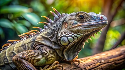 Fototapeta premium A rhinoceros iguana perches comfortably on a branch, its reptilian skin catching the light, as a fuzzy background