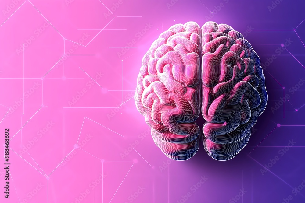 Poster Minimalist brain illustration, set against a soft gradient background with clean lines and subtle geometric patterns