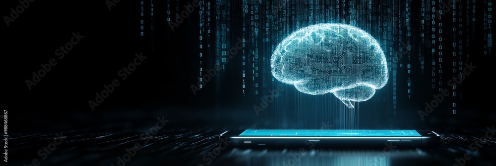 Aufkleber Digital brain hologram emerging from a smartphone with glowing blue binary code effects. AI and smart technology innovation concept.