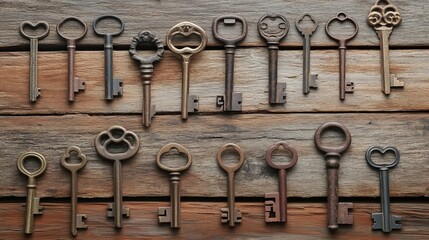 Old keys resting on a wooden background