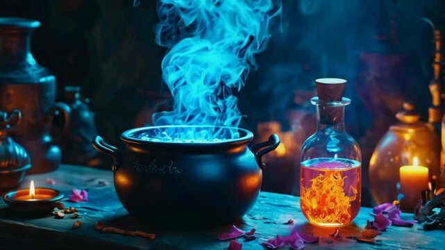 A mystical scene featuring a cauldron with blue smoke and a glowing potion in a bottle.