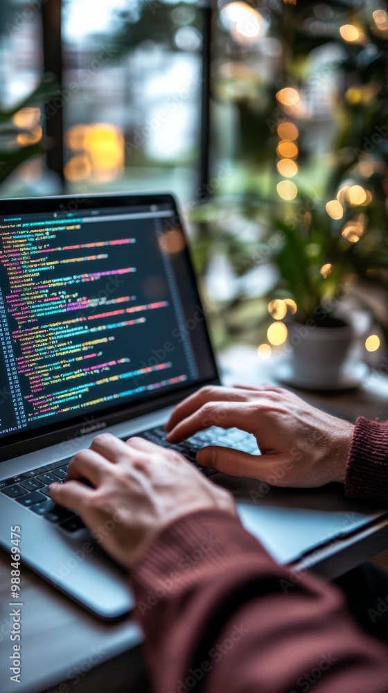 Poster hands typing code on a laptop with blurred lights in the background, cozy evening setting.