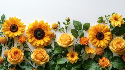 Naklejka premium A vibrant arrangement of sunflowers and yellow roses on a clean white background, perfect for Thanksgiving and Halloween invitations, decor, and seasonal events.