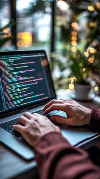 Hands typing code on a laptop with blurred lights in the background, cozy evening setting.