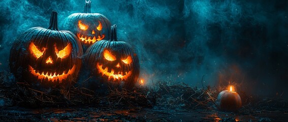 Fototapeta premium A haunting Halloween scene featuring spooky carved pumpkins glowing in soft moonlight, perfect for Halloween parties and Thanksgiving festivities.