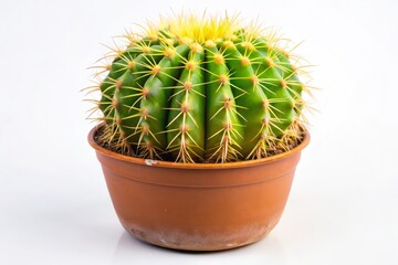 A single, striking cactus adorned with bright green and yellow stripes and formidable spines occupies a rustic