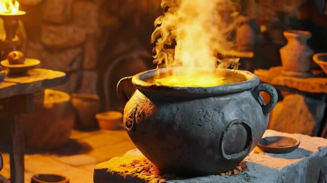 A steaming cauldron on a stone surface, suggesting cooking or potion-making.