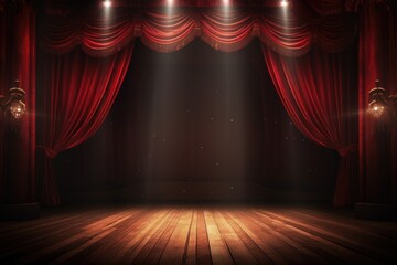 Red Velvet Curtains and Wooden Stage with Spotlight