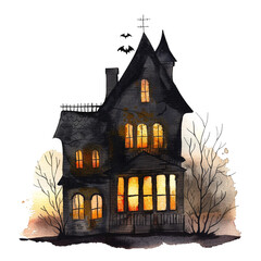 A gentle watercolor painting of a haunted house silhouette with glowing windows, isolated on a white canvas