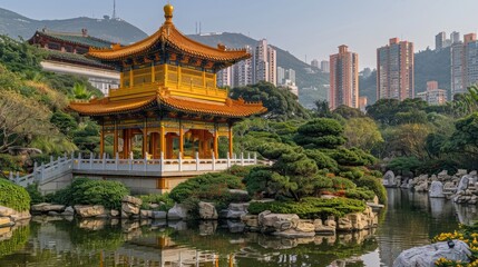 Obraz premium A serene scene featuring a pagoda on a pond, surrounded by lush trees