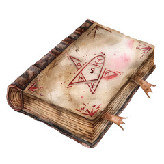 A watercolor illustration of a witch's spellbook with mystical runes, isolated on a white canvas