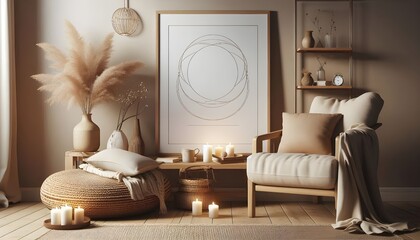 Frame mockup close up in a beige cozy room with candles, 3d render