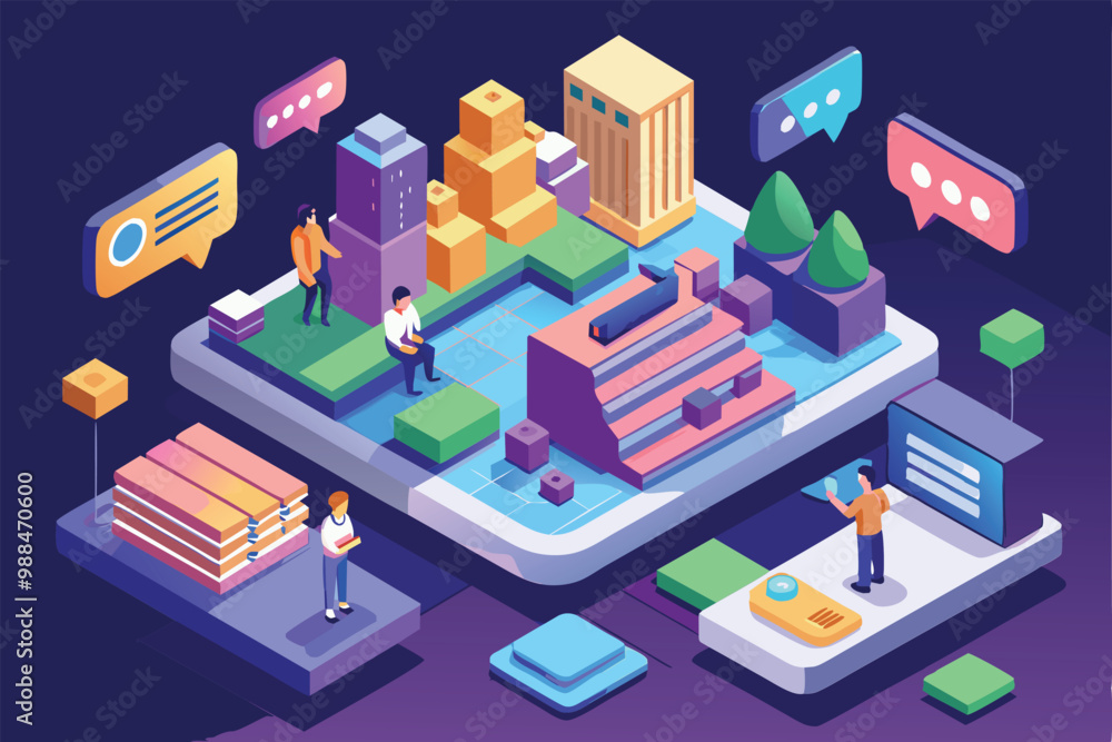 Aufkleber characters interact in a colorful isometric city, showcasing the joy of customizable messaging withi