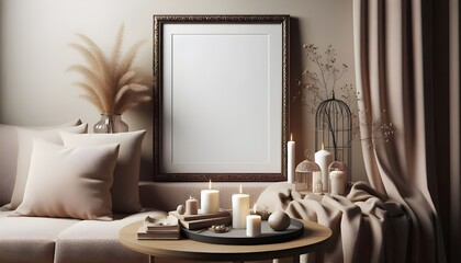 Frame mockup close up in a beige cozy room with candles, 3d render