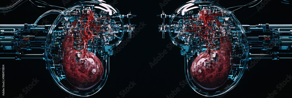 Poster kidneys. human kidneys attached to a bioengineered machine. isolated dark background. artificial org