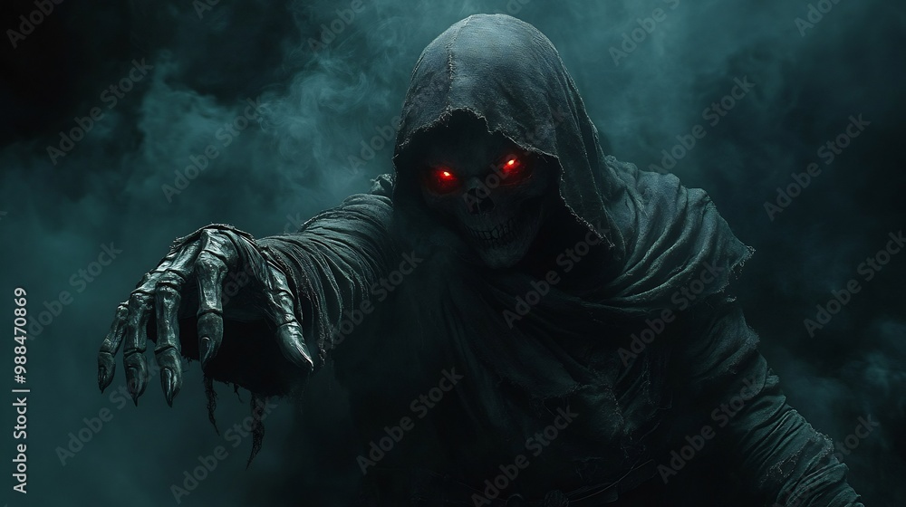 Poster grim reaper reaching out a skeletal hand towards the viewer shrouded in dark mist and shadows glowin