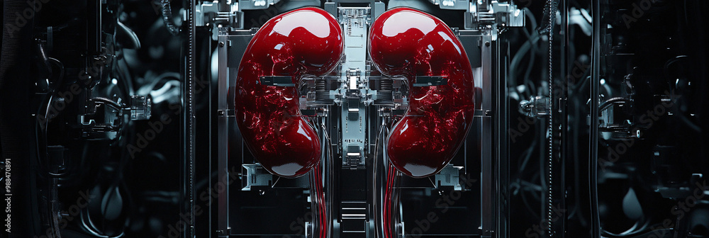 Poster kidneys. human kidneys attached to a bioengineered machine. isolated dark background. artificial org