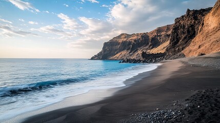 Volcanic beach on the Canary Islands, characterized by dark sands and rugged landscapes