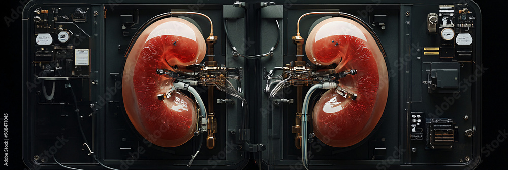 Poster kidneys. human kidneys attached to a bioengineered machine. isolated dark background. artificial org