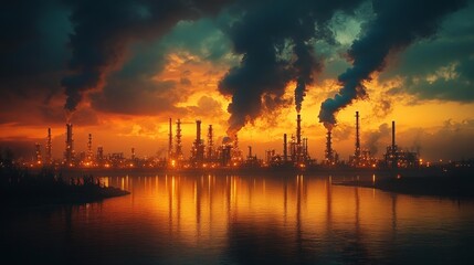 Naklejka premium Industrial Refinery at Sunset with Heavy Pollution Generative AI