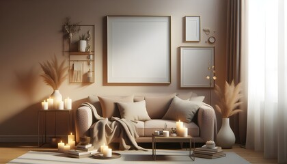 Frame mockup close up in a beige cozy room with candles, 3d render