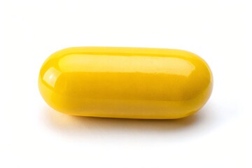 A solitary yellow pill with a distinctive oval elongation is positioned on a spotless white surface, radiating a