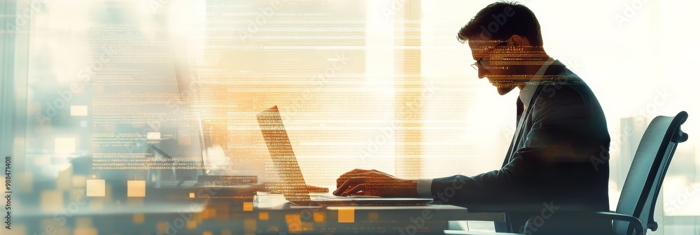Aufkleber Businessman coding with streams of digital code flowing in a minimalist office. Highlights business and digital tech.
