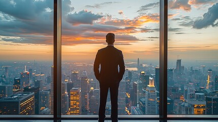 A senior executive in a formal suit, standing at a large office window, overlooking the cityscape, with a thoughtful expression, symbolizing leadership and strategic vision.