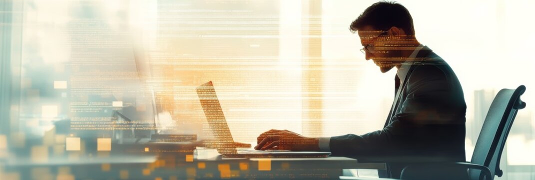 Businessman coding with streams of digital code flowing in a minimalist office. Highlights business and digital tech.
