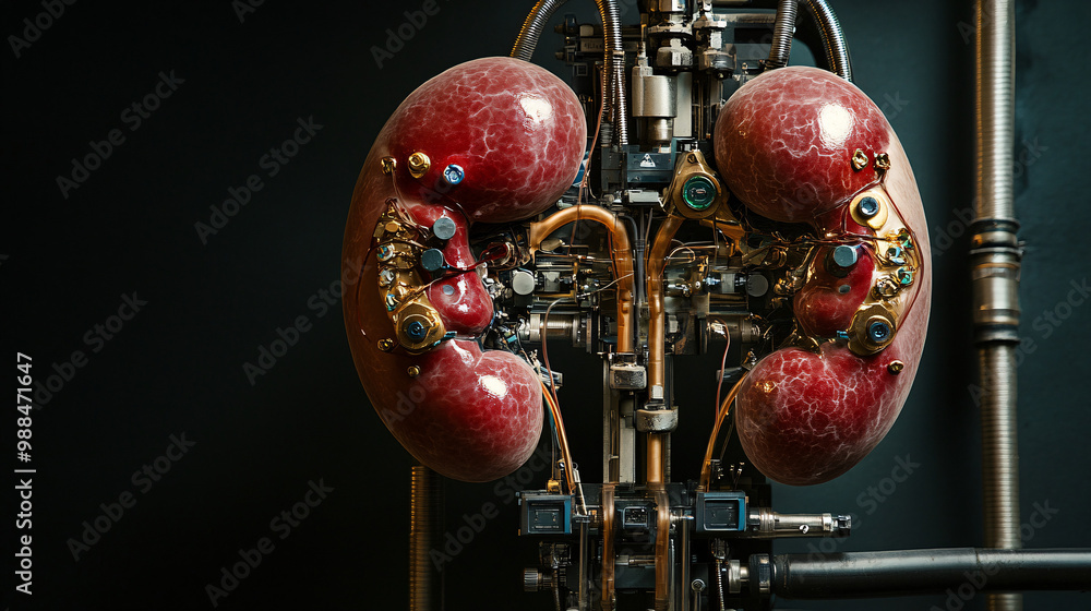 Poster kidneys. human kidneys attached to a bioengineered machine. isolated dark background. artificial org