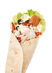 Delicious wrap filled with fresh vegetables, creamy sauce, and crispy ingredients ready to be...