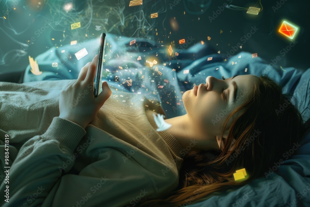 Poster a person relaxing in bed with a cell phone, possibly checking messages or browsing the internet
