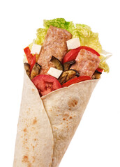 Delicious fresh wrap filled with grilled vegetables, savory meat, and vibrant greens on a bright background