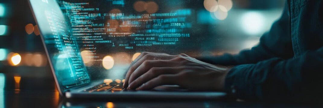 Software code on a semi-transparent screen as a developer types on a laptop with blue bokeh lights. Modern programming.
