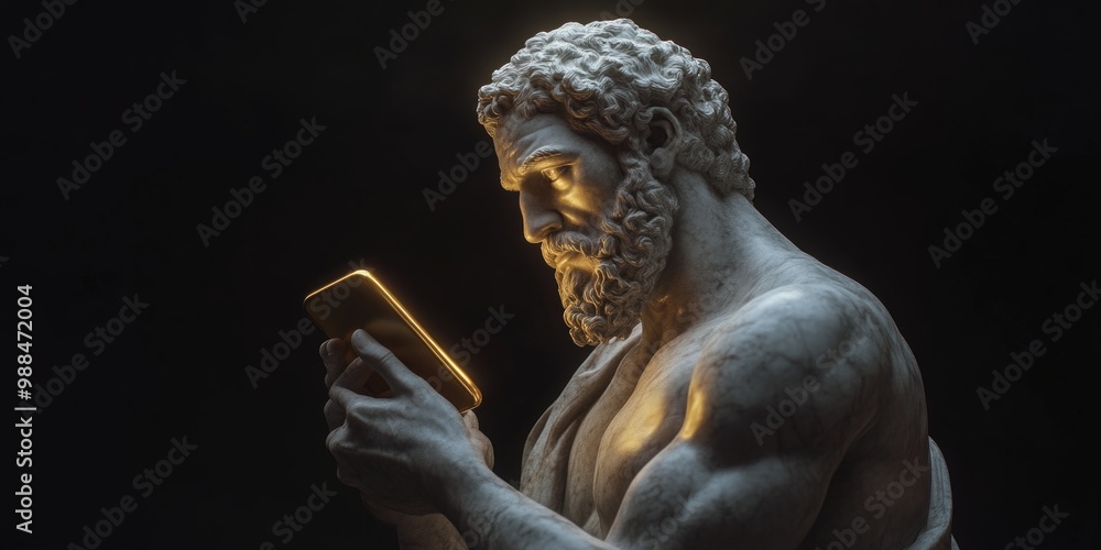 Poster a powerful statue of a muscular figure holds a smartphone with glowing light. the image combines cla