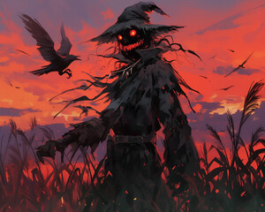 sinister scarecrow looms over a fiery field at sunset, its eerie glow unsettling the night