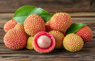  A close-up photograph of fresh lychees, with several round and smooth fruits arranged on an old wooden table. Created with Ai