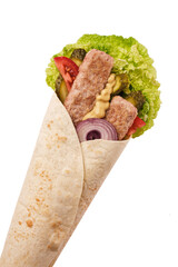 Vibrant fresh wrap filled with crispy lettuce, juicy tomatoes, and savory meat on a sunny afternoon