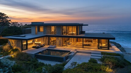 Fototapeta premium A photo of a luxury oceanfront home at dusk, with warm interior lighting glowing through the expansive glass windows. The house modern lines and beachfront location create a striking contrast with