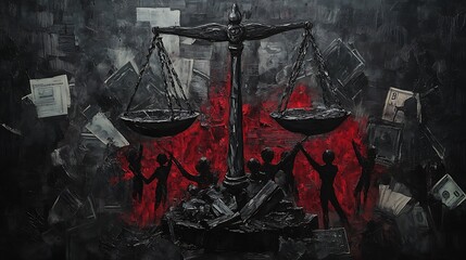 A black and white scale of justice stands against a fiery background, symbolizing the fight for equality and justice in the face of injustice and greed.