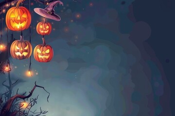 A group of jack-o-lanterns suspended from a tree branch, perfect for autumnal decorations or spooky theme events