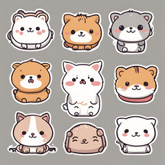 Fototapeta premium A collection of chubby and cute animal faces featuring dogs, cats, and bears in an adorable cartoon style. Perfect for stickers, kids’ designs, and playful decorations with soft colors and friendly ex