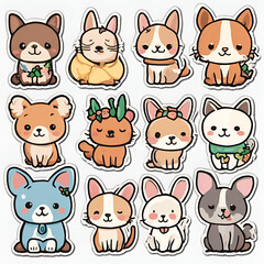 Obraz premium A set of cute animal characters featuring dogs, cats, bunnies, and more in a playful cartoon style. Perfect for kids' designs, stickers, and decorations, each character has a sweet and friendly expres