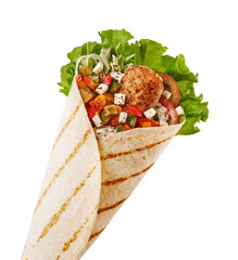 Delicious wrap filled with grilled chicken, fresh vegetables, and tangy sauce on a sunny day at a bustling street market