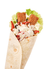 Flavor-packed wrap featuring crispy toppings and fresh veggies artistically presented in a tortilla