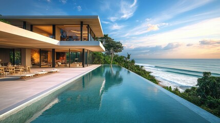 Fototapeta premium A high-definition photo of a luxury oceanfront home with expansive glass windows overlooking the beach. The modern architecture features a large infinity pool that blends seamlessly with the horizon,