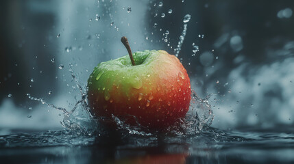  A fresh apple falling into water, creating splashes and ripples around it. The background is dark with subtle lighting to highlight the red of the apple against its green skin. Created with Ai