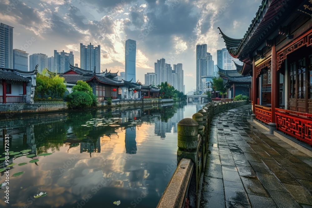 Poster a serene river scene with buildings and architecture in the background