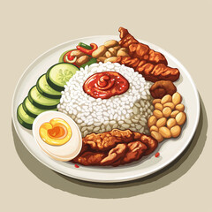 Nasi lemak illustration, Malaysian famous food with white background